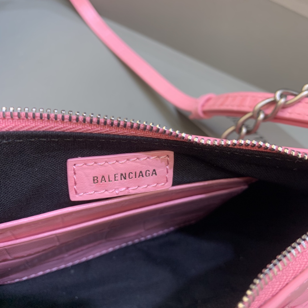 Balenciaga Le Cagole Mini Bag With Chain Crocodile Embossed Rhinestones Shoulder Bag Pink 